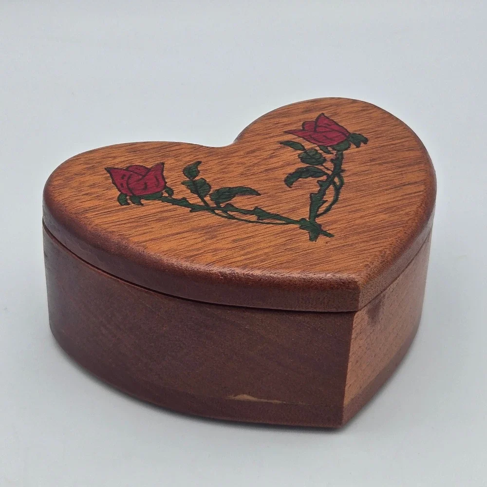 Vintage Handmade Heart Shaped Wood Trinket Box Rose Details Felt Lined Cottage